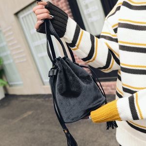 Velour Drawstring Tassel Bucket Bag