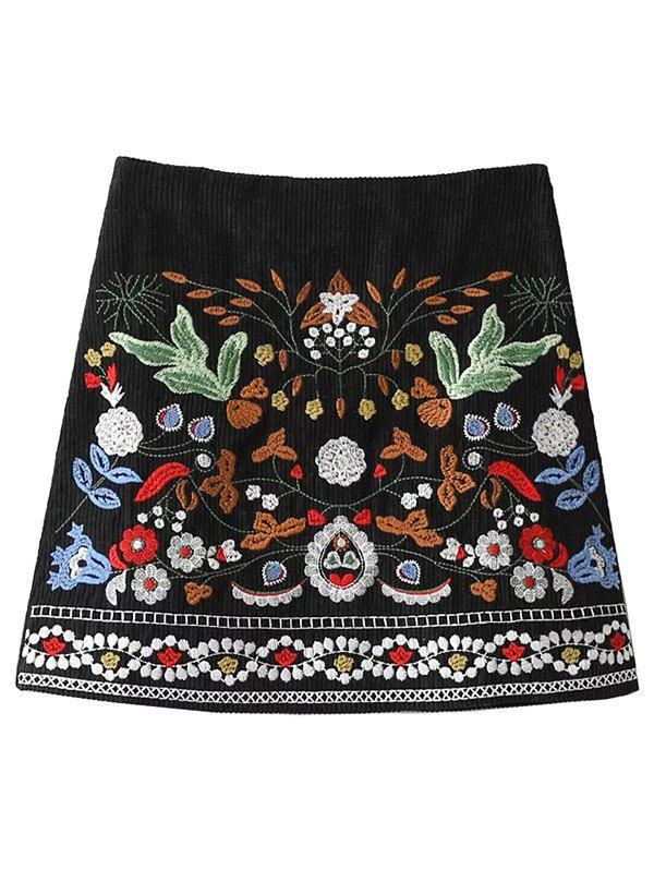 [45% OFF] Floral Embroidered Corduroy A-Line Skirt | Rosegal