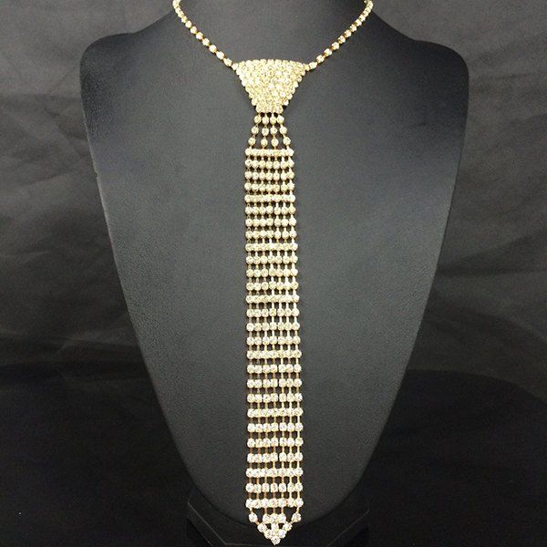 

Vintage Rhinestone Geometric Accessory Tie Necklace, Golden