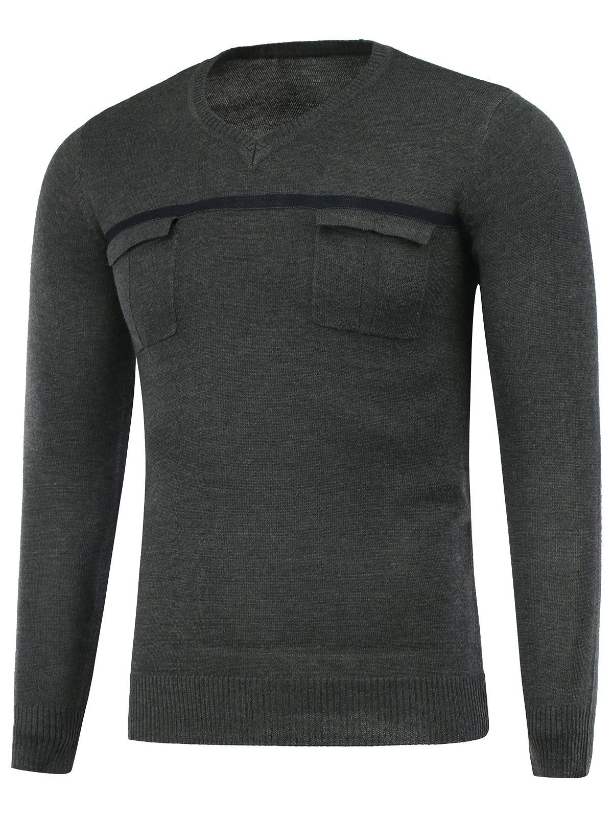 V Neck Pocket Knitted Sweater, Gray