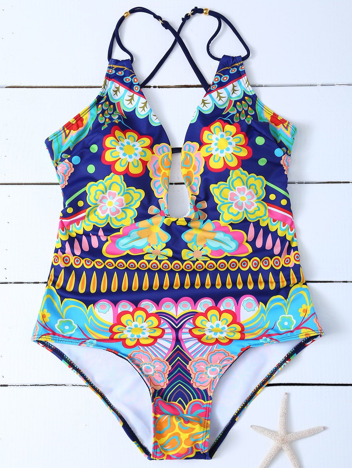 [26 OFF] Halter Floral Print Padded One Piece Swimsuit Rosegal