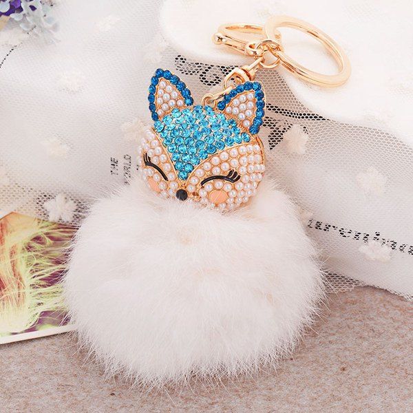 

Fake Pearl Rhinestone Fox Fuzzy Puff Ball Keychain, Blue