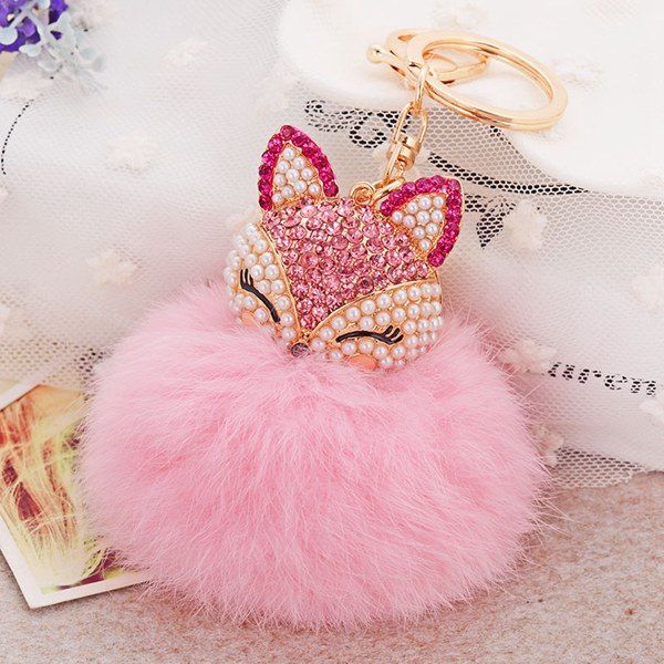 Pink Fake Pearl Rhinestone Fox Fuzzy Puff Ball Keychain