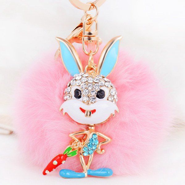 

Rhinestone Rabbit Fuzzy Puff Ball Keychain, Pink
