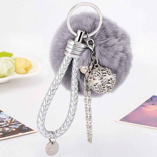 [14 OFF] Artificial Leather Rope Fuzzy Ball Keychain Rosegal