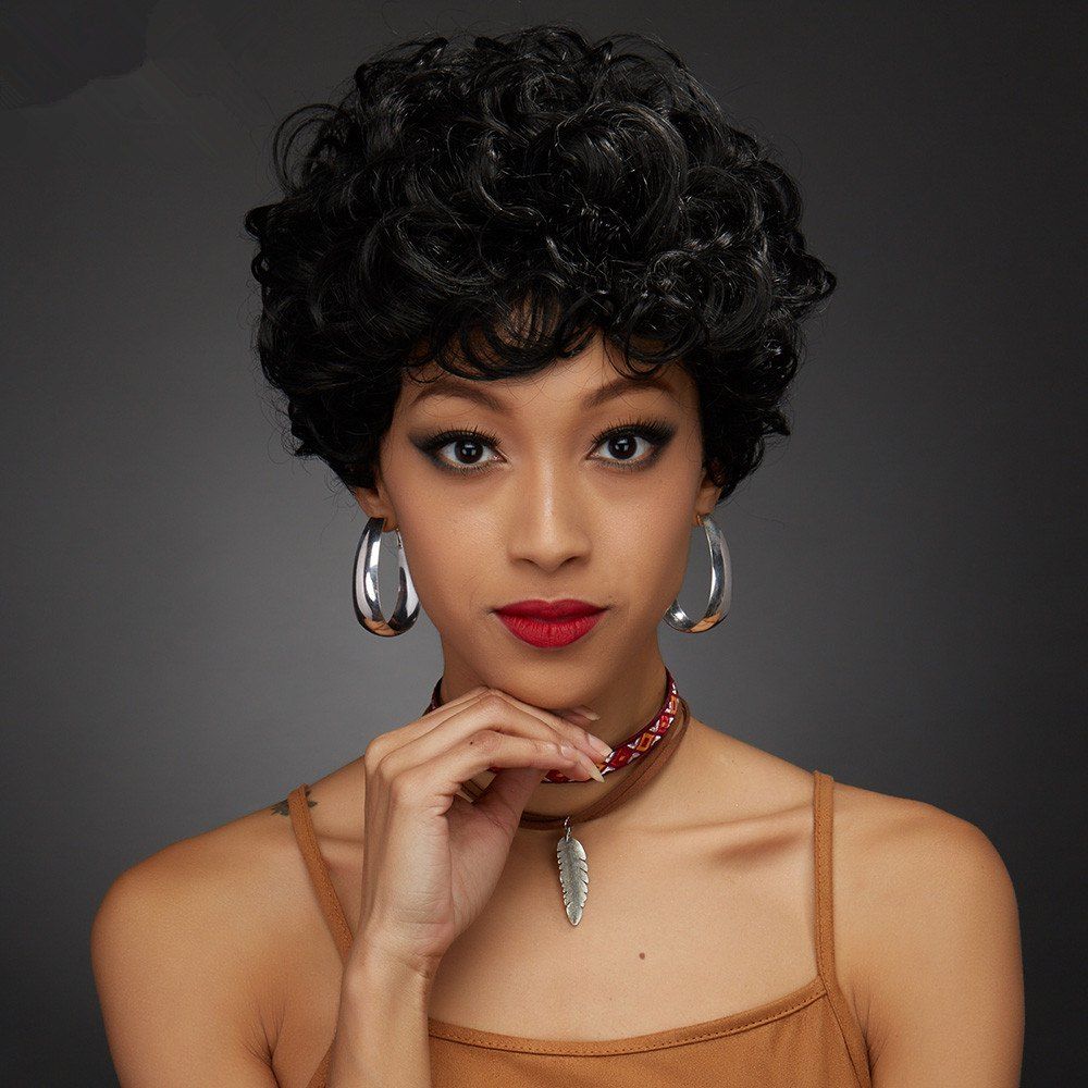 Jet Black Handsome Short Fluffy Curly Pixie Cut Real Natural Hair Wig