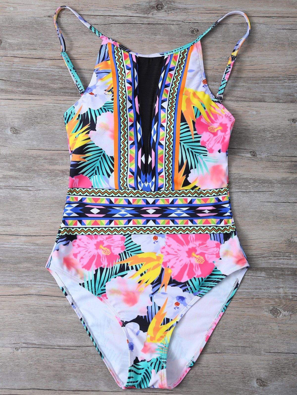Store Tropical Floral High Neck One Piece Swimsuit  