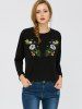 Floral Embroidered Self-Tie Long Sleeve Top -  