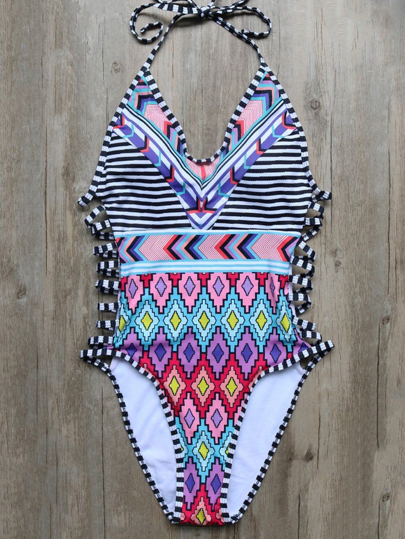 [30% OFF] Halter Cutout Geometric One-Piece Swimwear | Rosegal