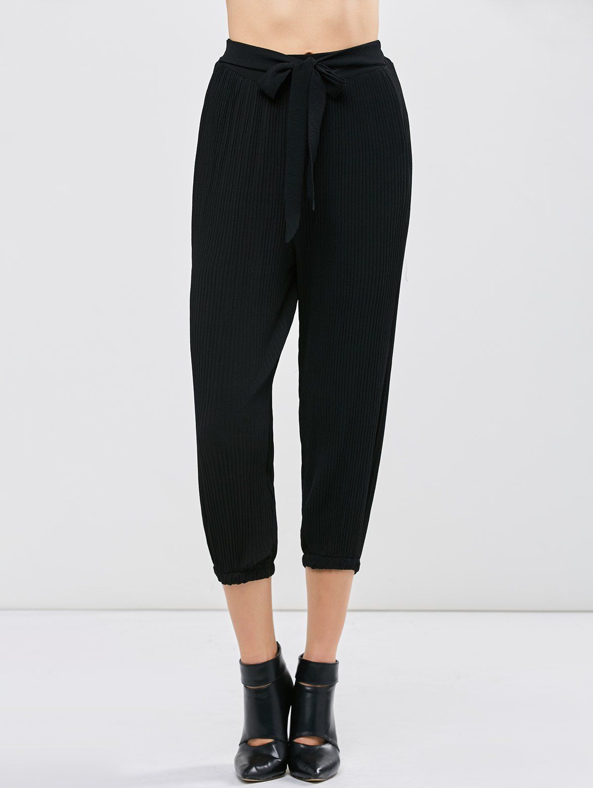 Black One Size(fit Size Xs To M) High Waist Pleated Capri Pants