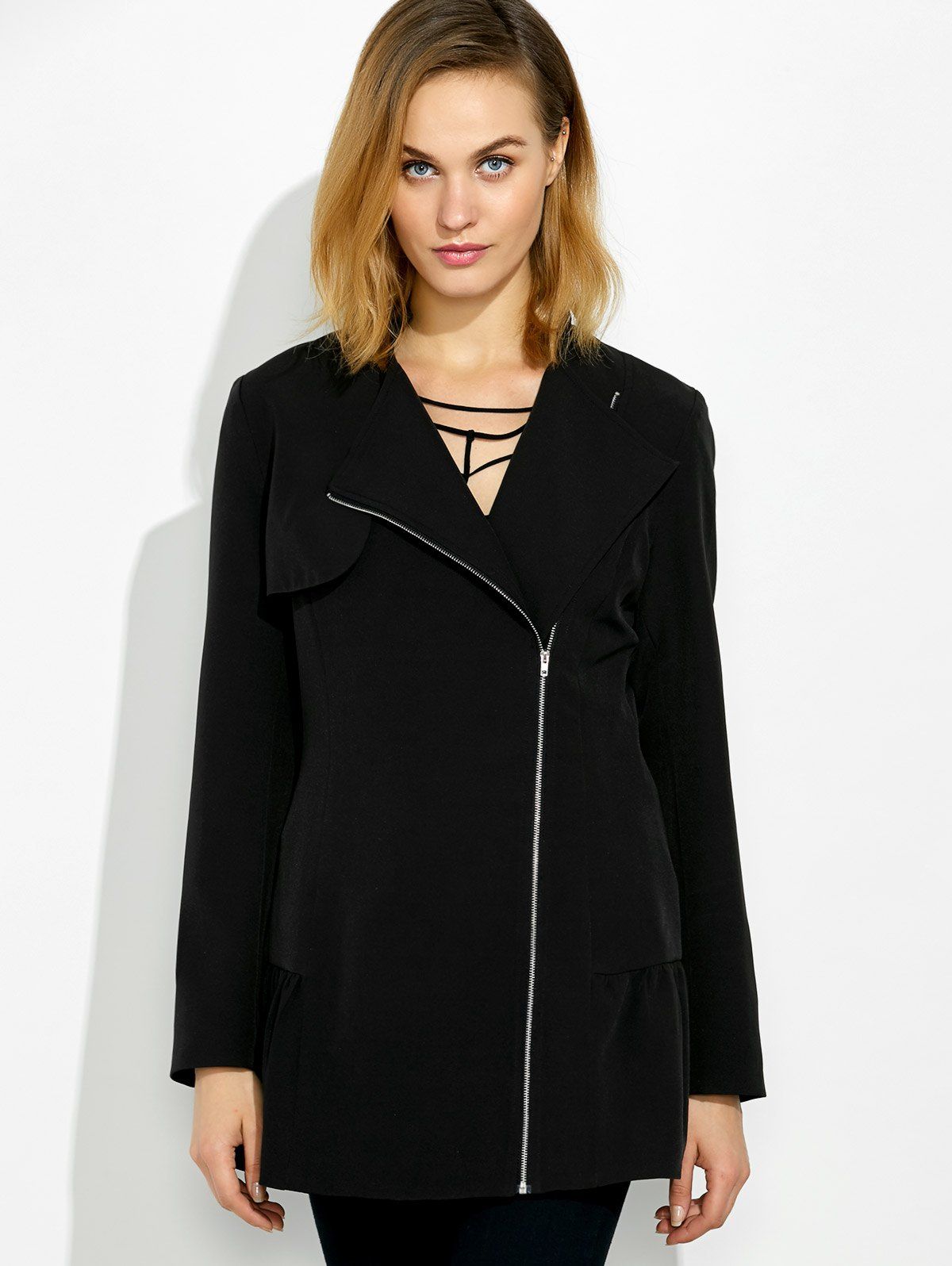 [73 OFF] Lapel Collar Asymmetrical Zipper Coat Rosegal