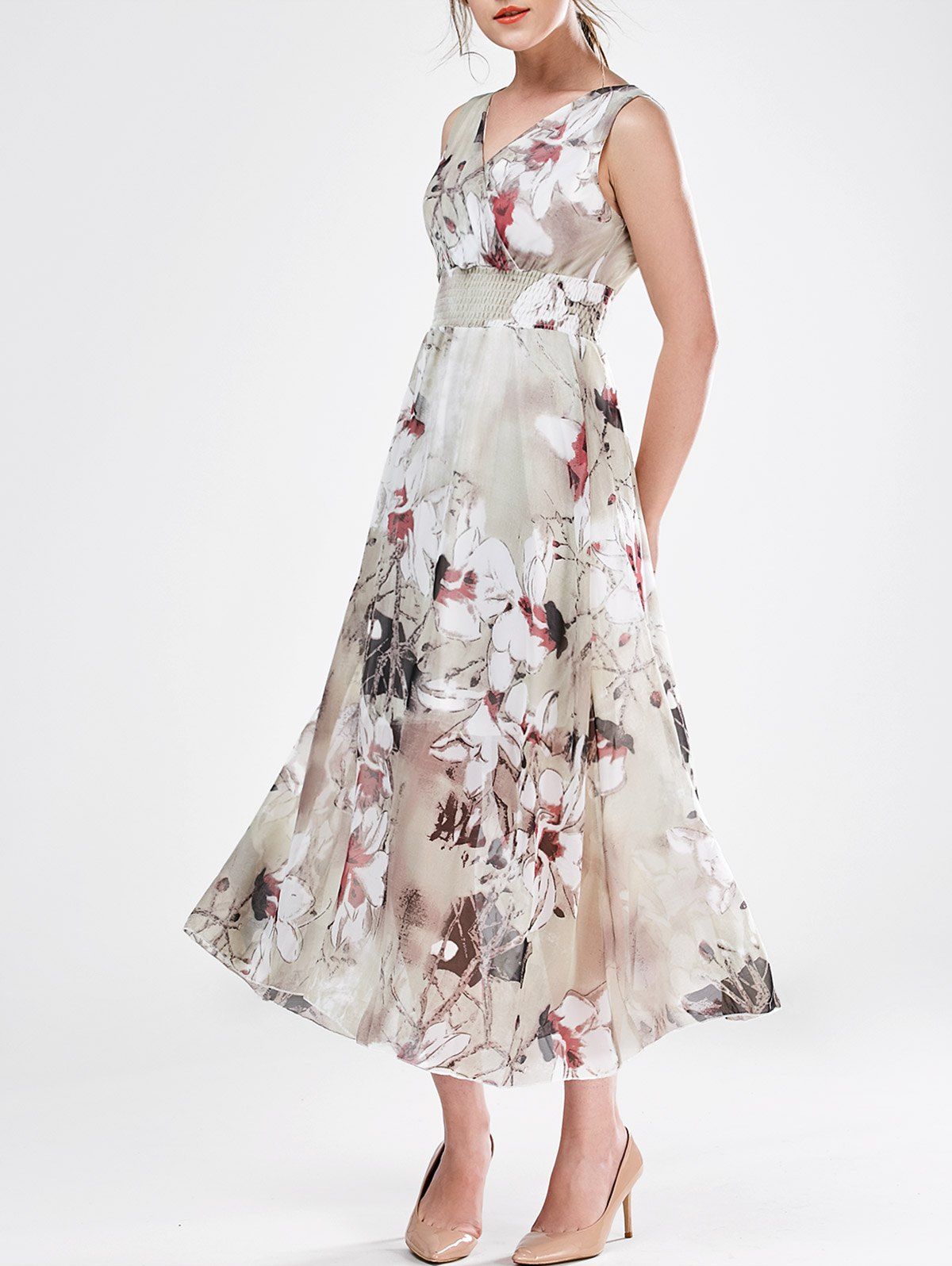 [43% OFF] V Neck Sleeveless Floral Chiffon Maxi Wedding Guest Dress