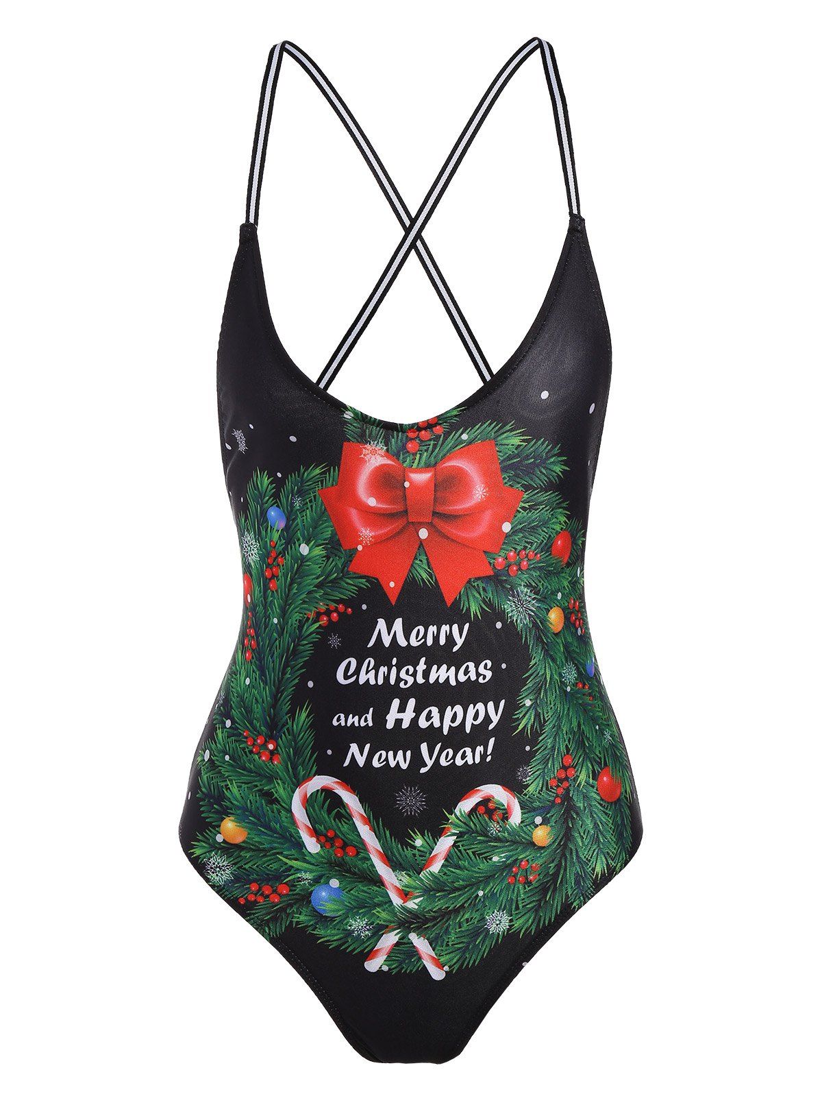 

Crossback Christmas Graphic One Piece Swimwear, Black