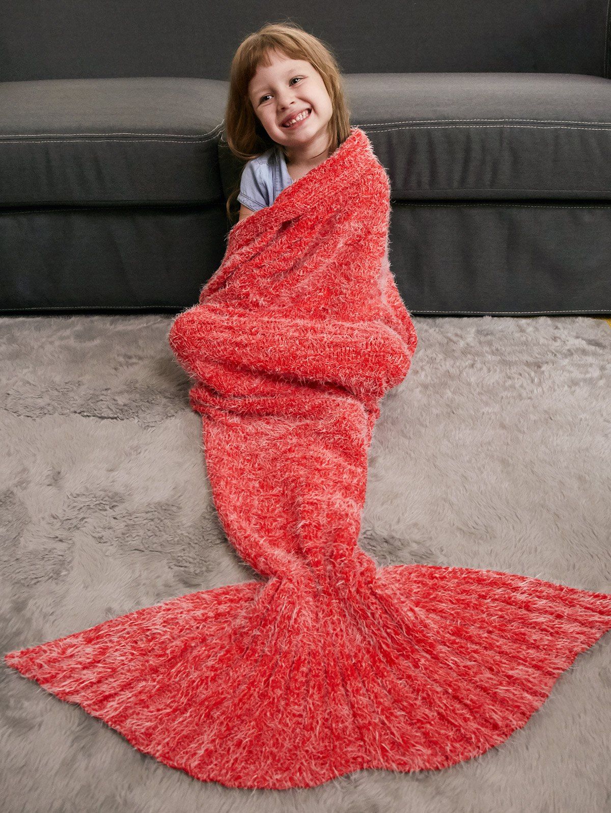 Enfants  'Crochet Tricoté Faux Mohair Mermaid Blanket Throw Tangerine 
