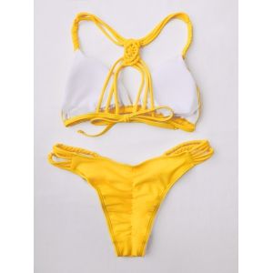 Yellow M Strappy Plunge Thong Bikini Rosegal Com