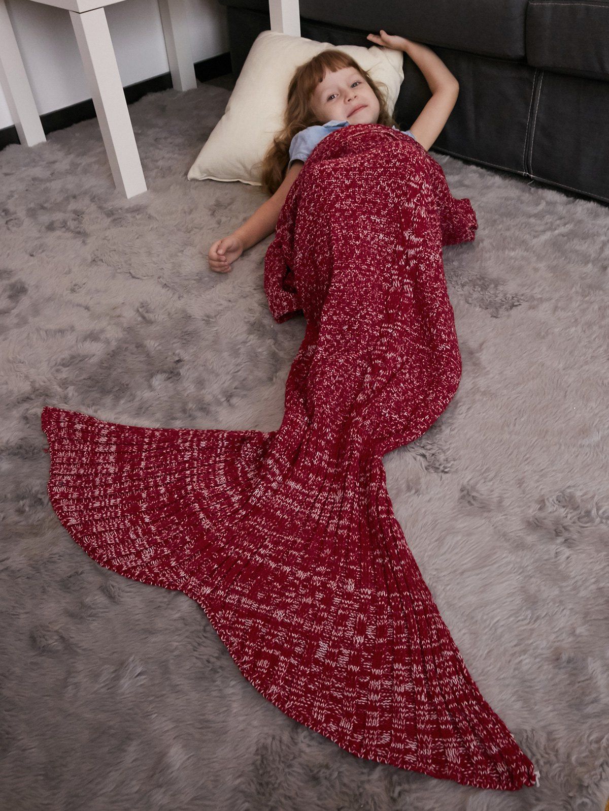 Couverture Style Queue de Sirène Garde Chaud Tricotée au Crochet Rouge 