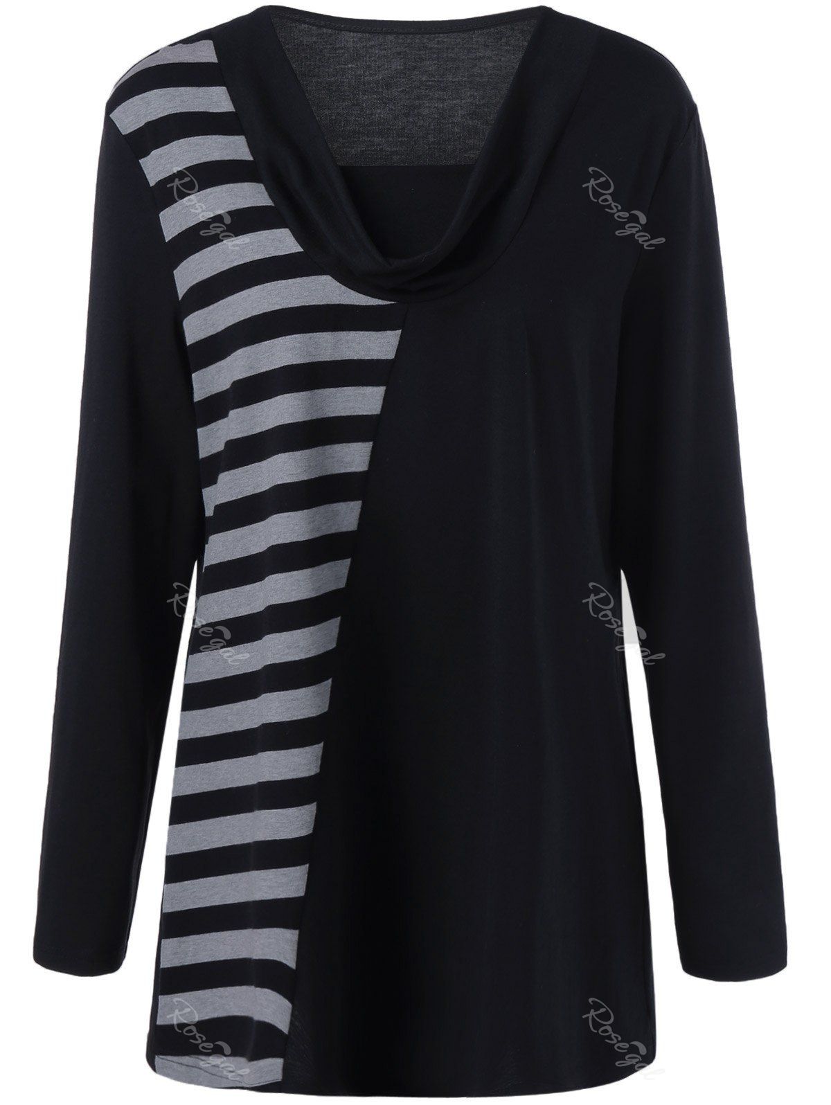 

Plus Size Cowl Neck Striped Trim Tee, Black and grey