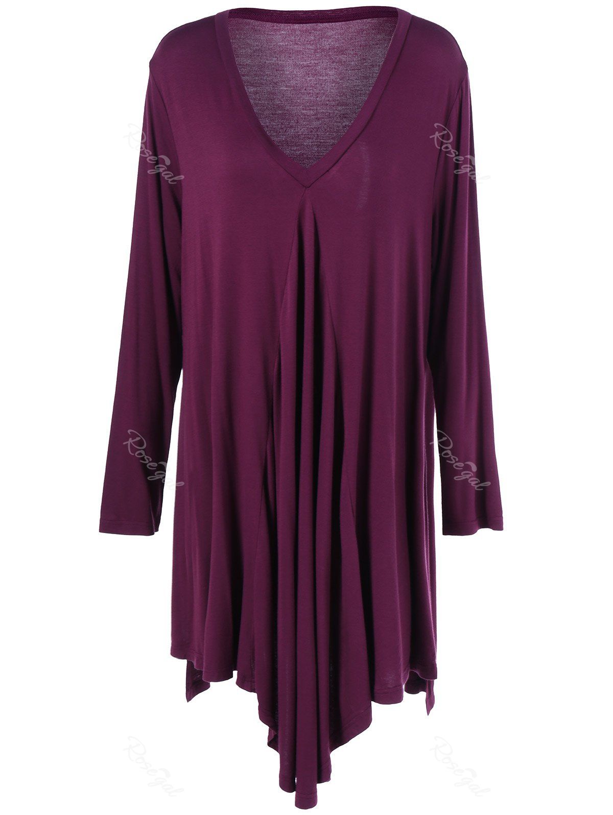 

Plus Size Pleated Asymmetric Longline T-Shirt, Purplish red
