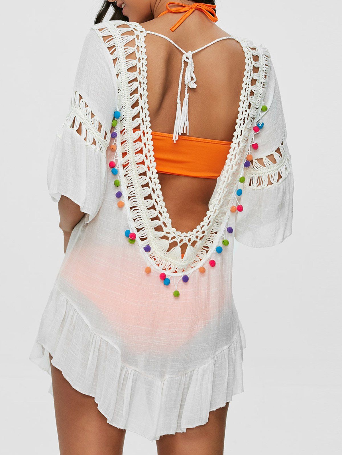 Best Pompon See-Through Crochet Tunic Beach Cover Up  