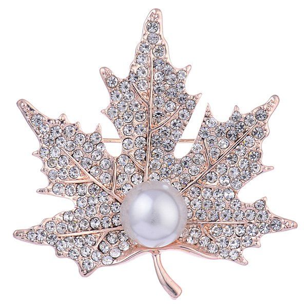 

Faux Pearl Rhinestone Maple Leaf Shape Design Brooch, Golden