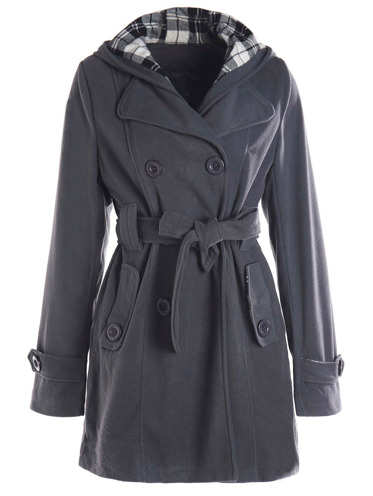 

Stylish Hooded Double-Breasted Long Sleeve Worsted Coat For Women, Light gray