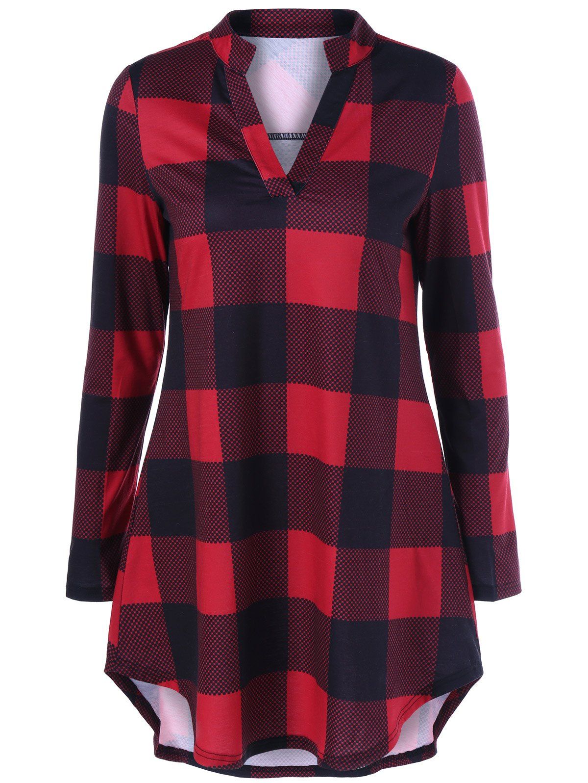  Red  black Xl Split Neck Long Plaid Boyfriend T shirt  