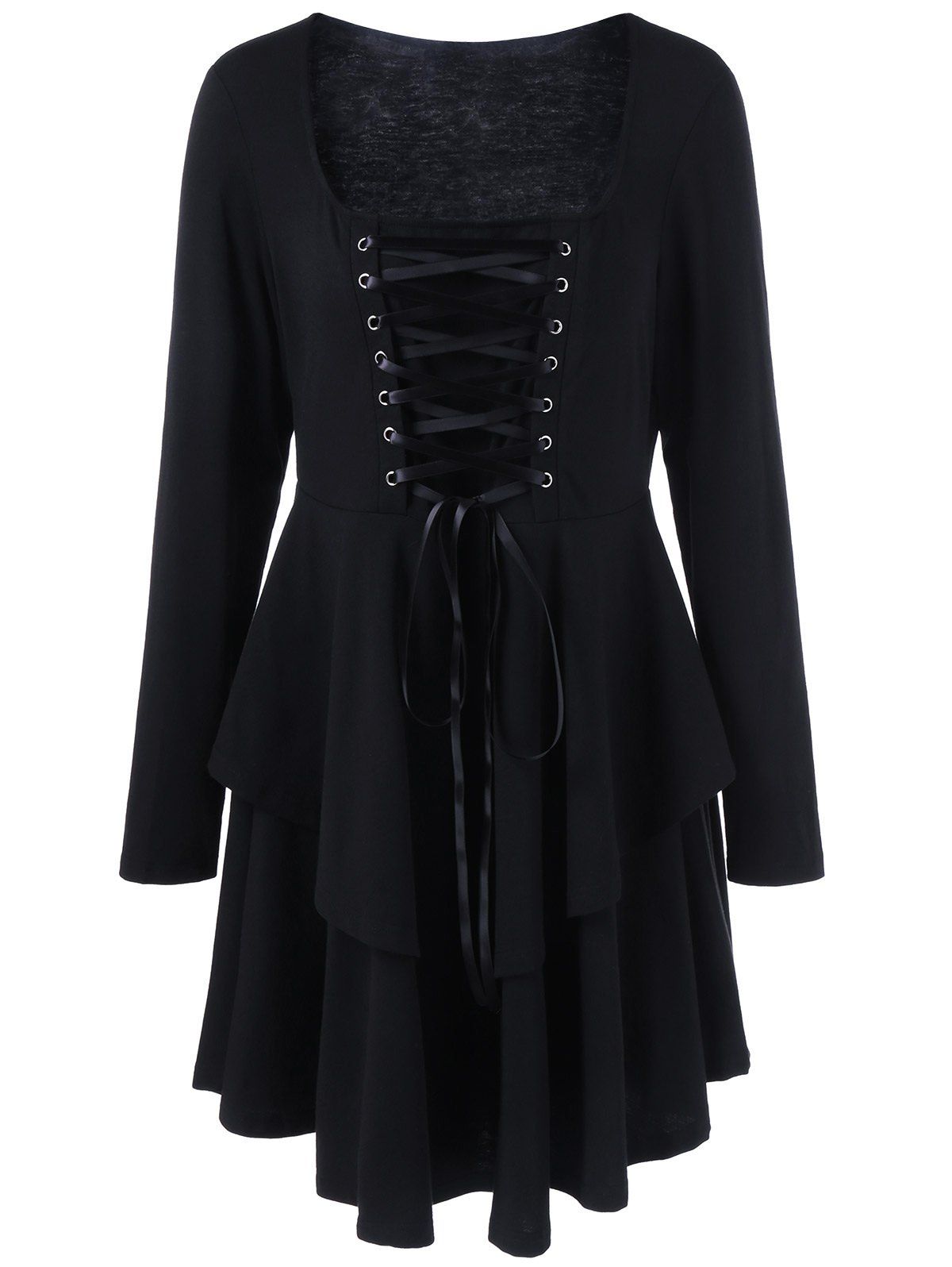 2018 Plus Size Lace-up Layered Gothic Flare Dress In Black Xl | Rosegal.com