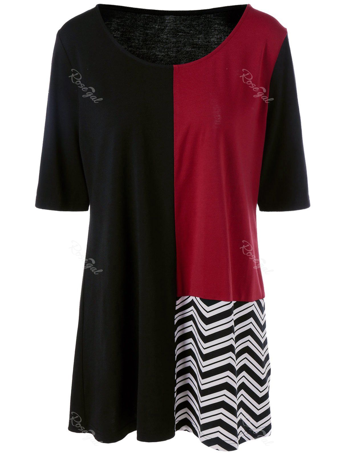 T-shirt Long Contrastant Grande Taille Noir et Rouge 2XL