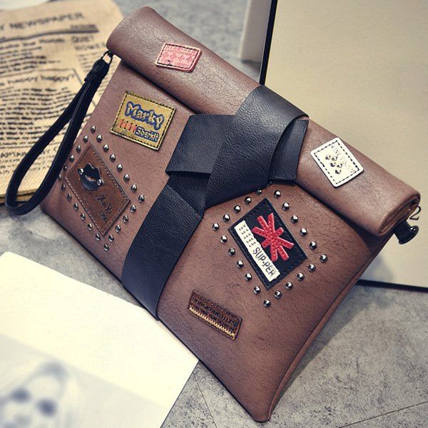 [55 OFF] Patches Rivet Roll Top Clutch Bag Rosegal