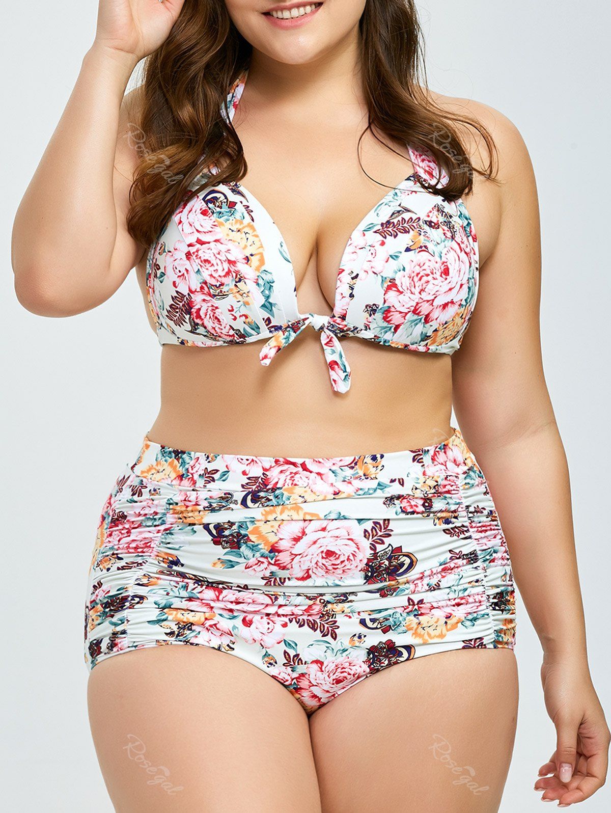 Discount Plus Size Floral Print Halter Bikini Set  