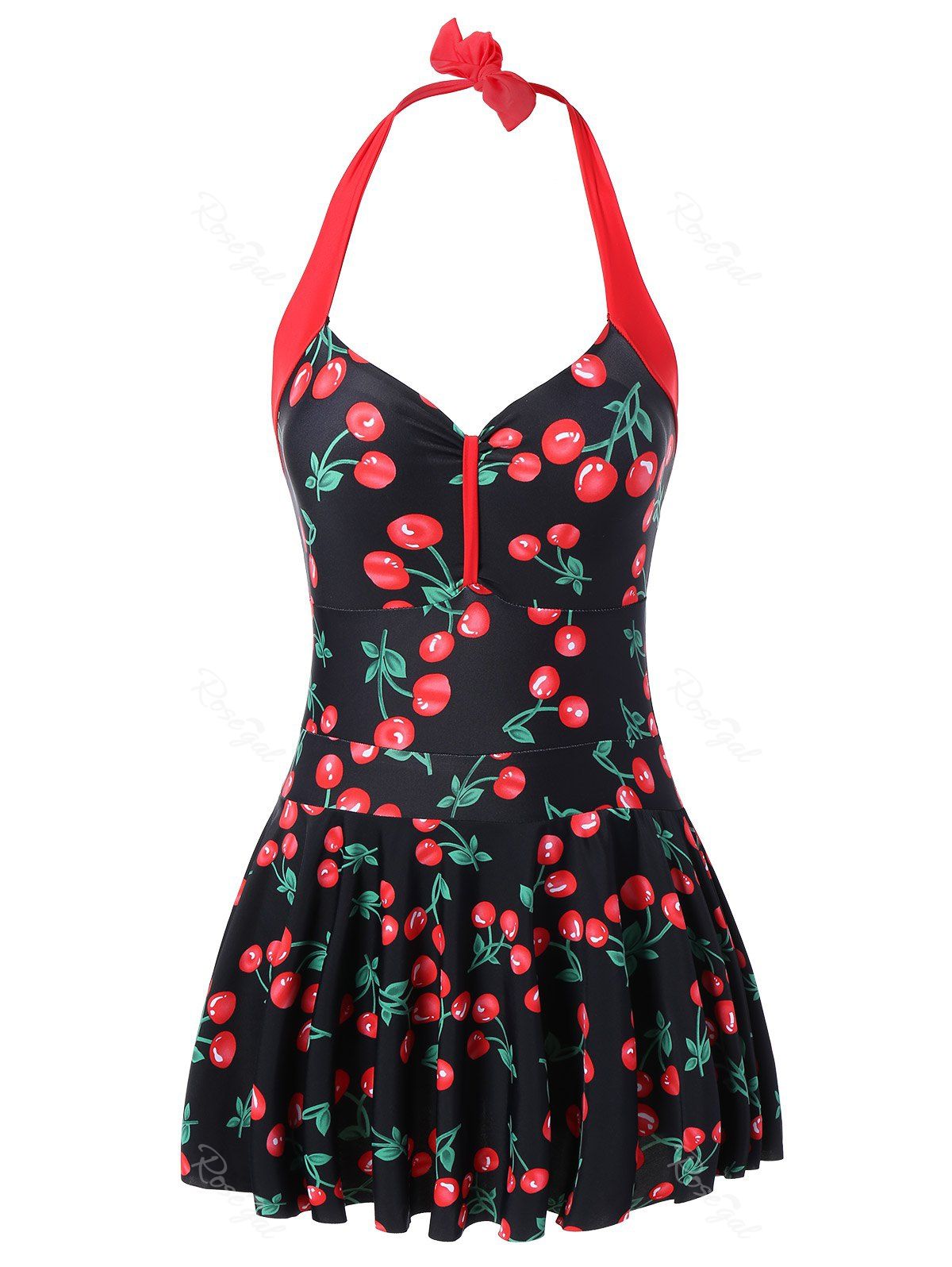 Black/red 4xl Cherry Print Plus Size Halter Neck Swimwear