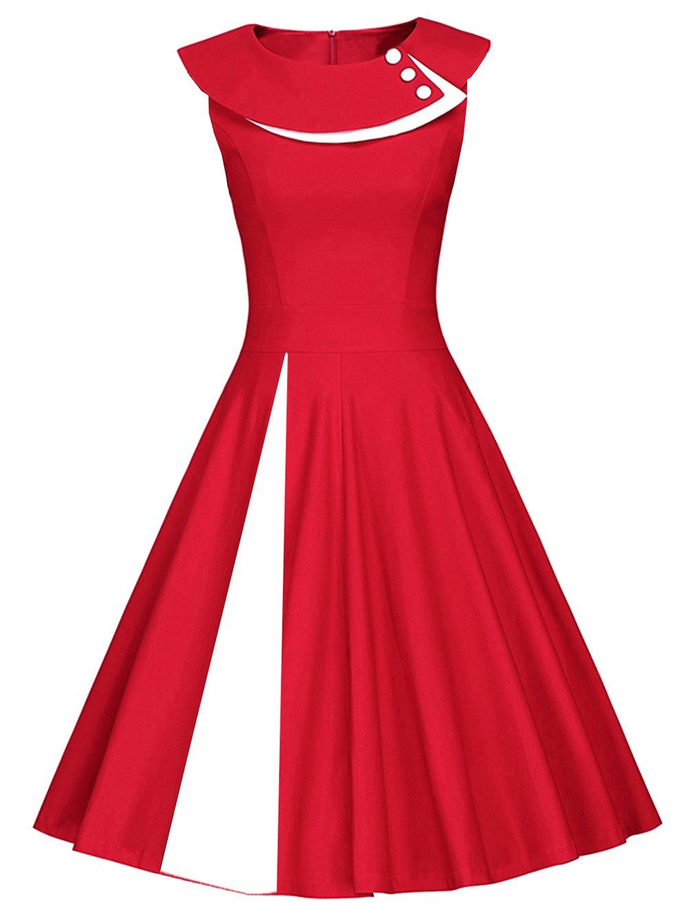 

Colorblock Sleeveless Pleated A Line Dress, Red with white