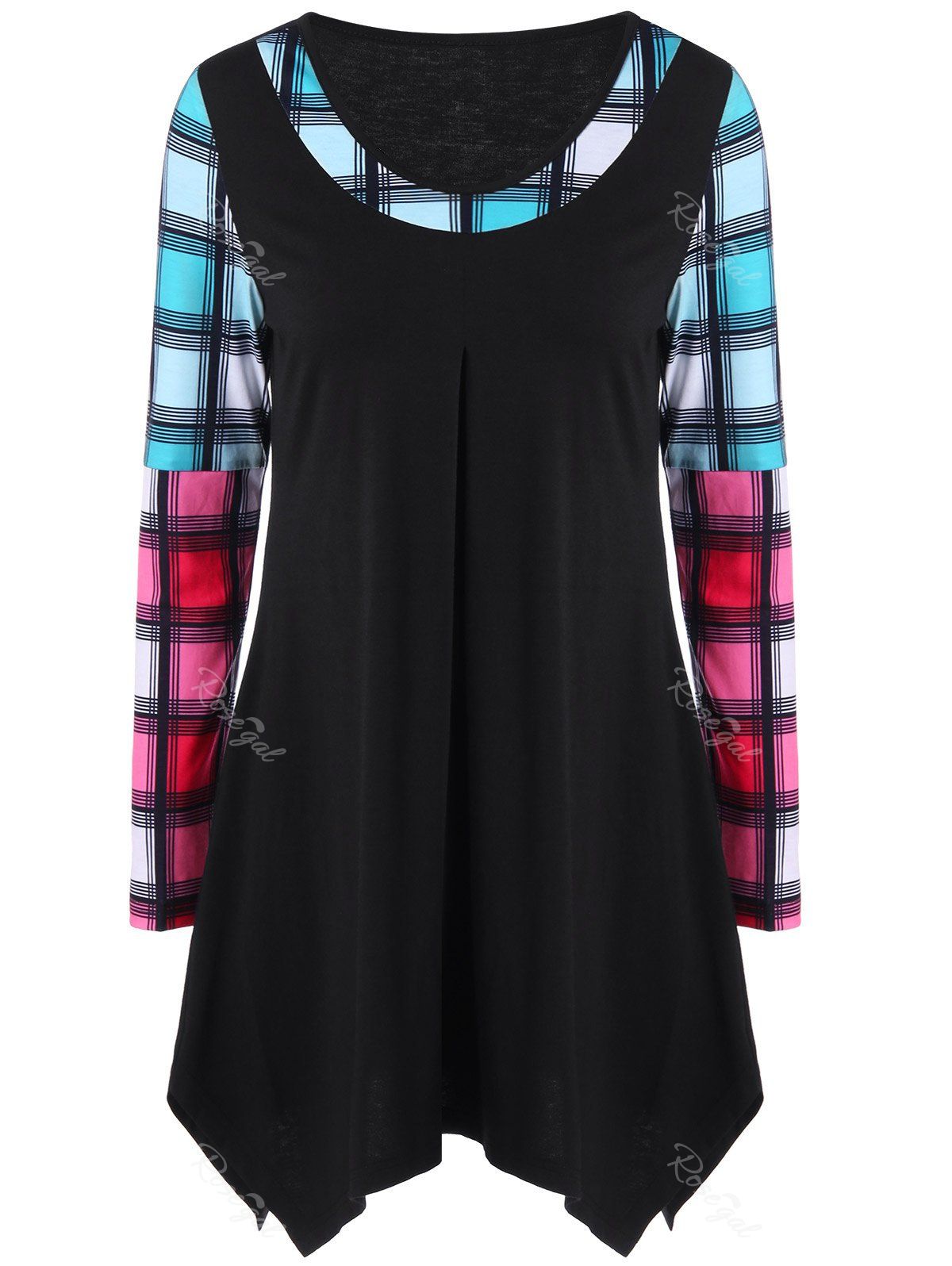 

Plus Size Plaid Asymmetric Color Block T-Shirt, Black