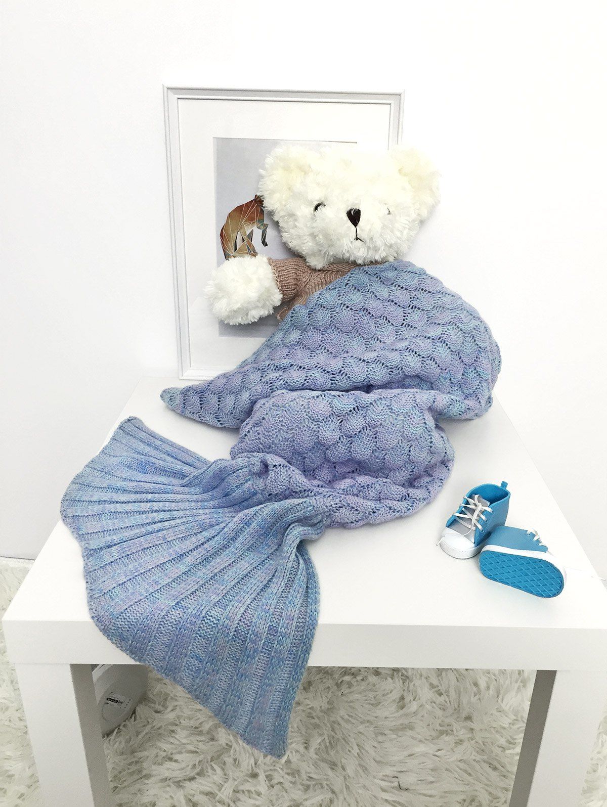 

Hollow Out Mermaid Free Knitted Photography Baby Blankets, Light blue