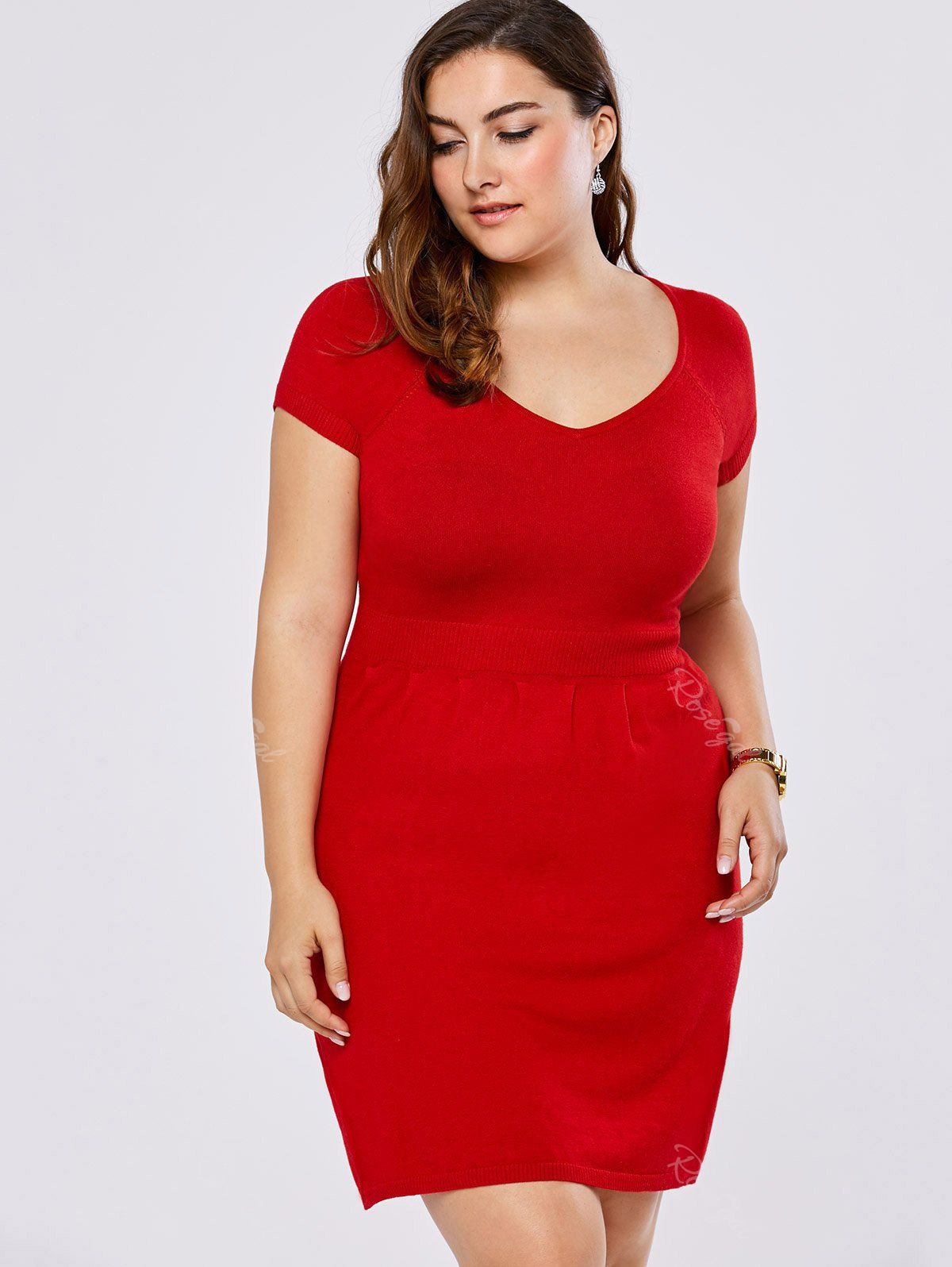 

Plus Size V Neck Mini Sweater Dress, Red