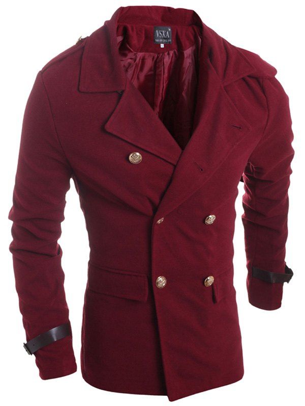 

Slimming Solid Color Turndown Collar Double-Breasted Long Sleeves Men's Woolen Coat, Burgundy