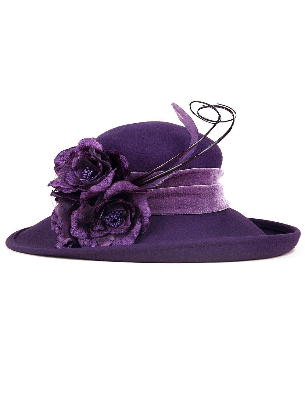 Purple Feather Flower Strappy Embellished Church Hat