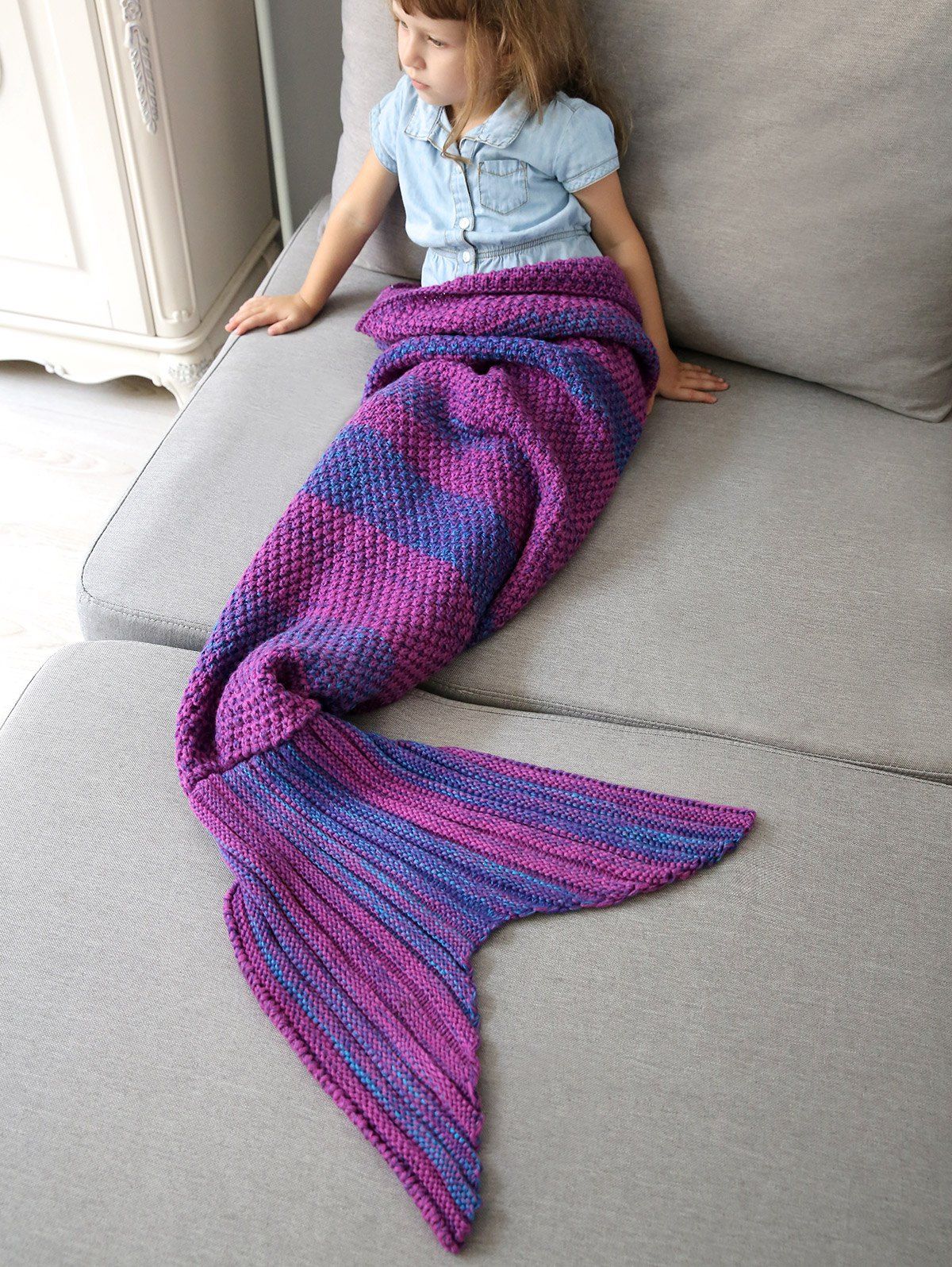 

Winter Thicken Lengthen Color Block Sleeping Bag Wrap Kids Mermaid Blanket, Red violet