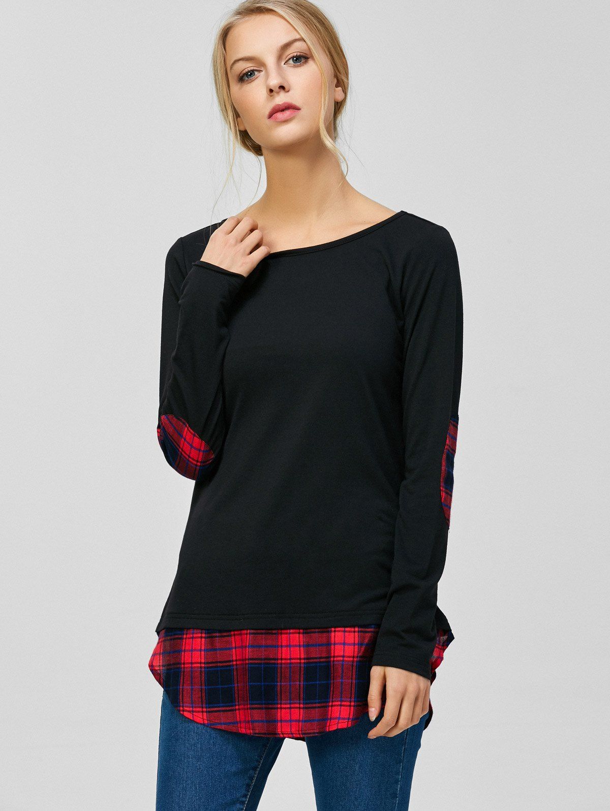 [20 OFF] Plaid Elbow Patch Tunic TShirt Rosegal