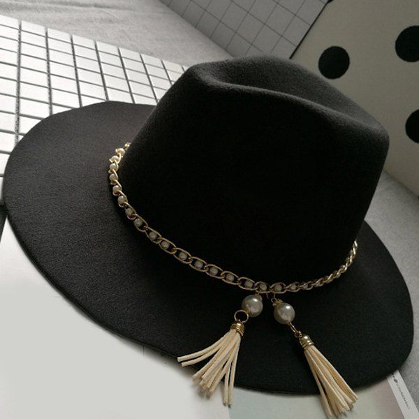 

Wide Brim Felt Fedora Hat with Faux Pearl Chain, Black