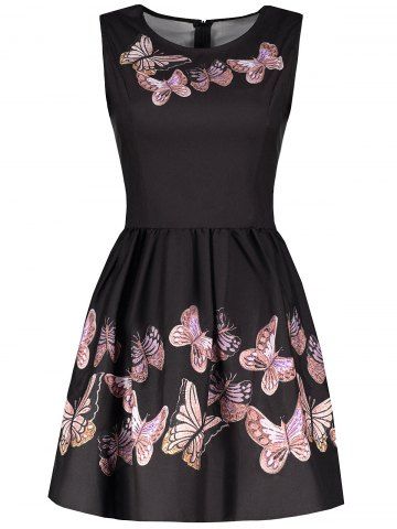 Vintage Round Collar Sleeveless Butterflies Print Women's Ball Gown Dress