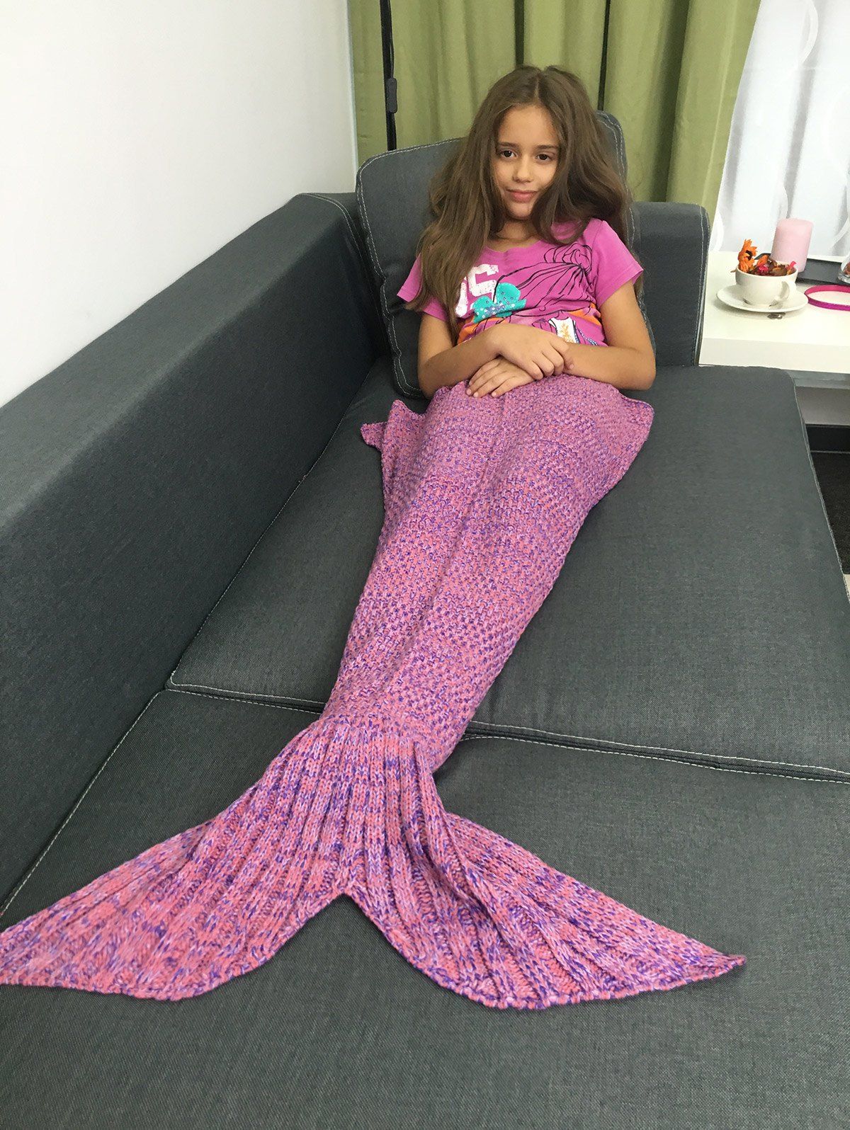 

Stylish Yarn Knitted Sleeping Bags Mermaid Tail Shape Blanket, Deep pink