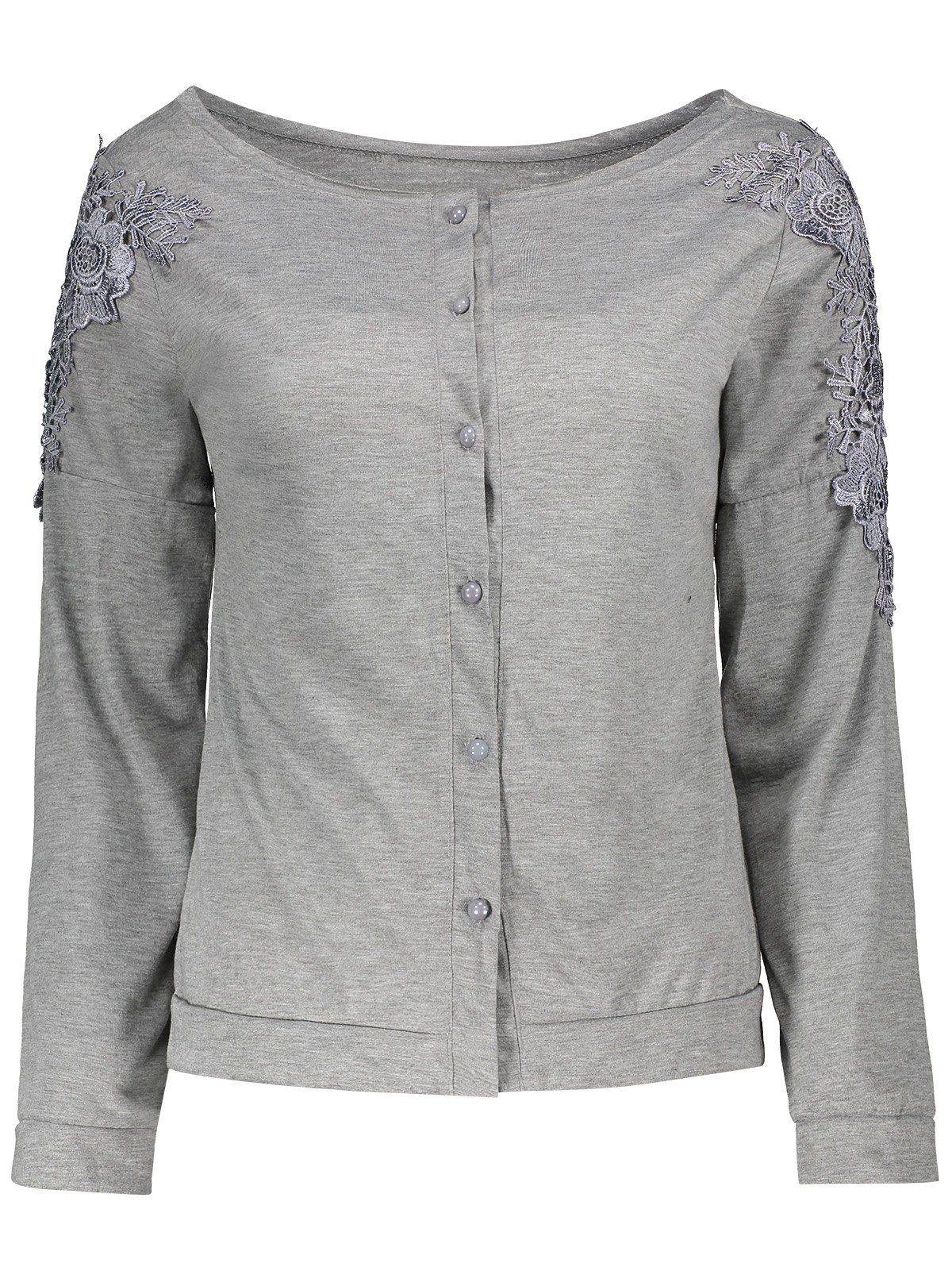 

Long Sleeve Lace Embellished T-Shirt, Gray