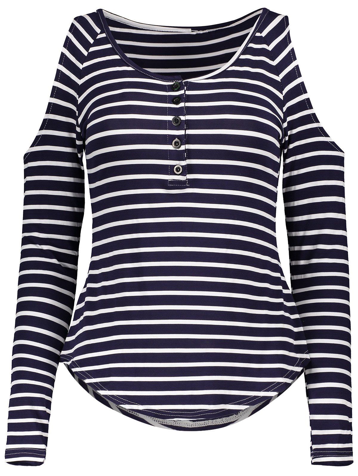 

Stylish Scoop Neck Long Sleeve Hollow Out Striped Women's T-Shirt, Stripe