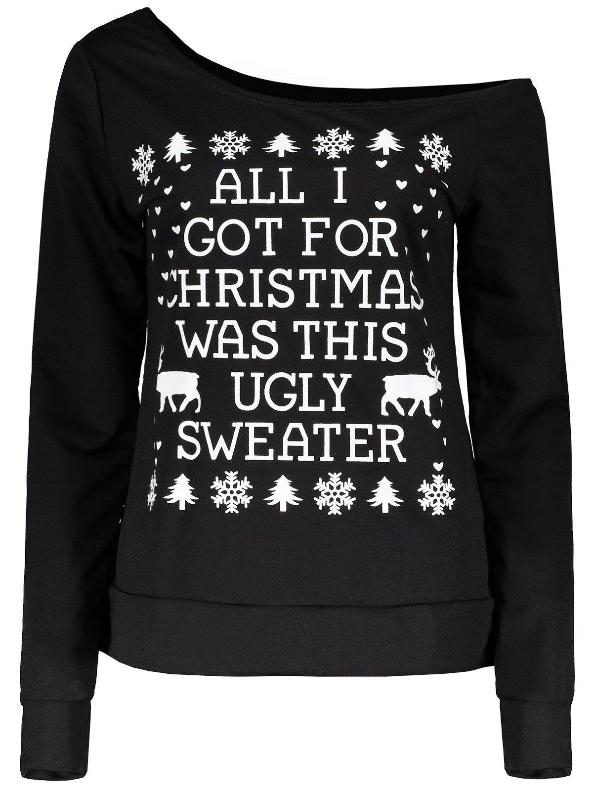 

Skew Neck Snowflake and Elk Printed Christmas Sweatshirt, Black