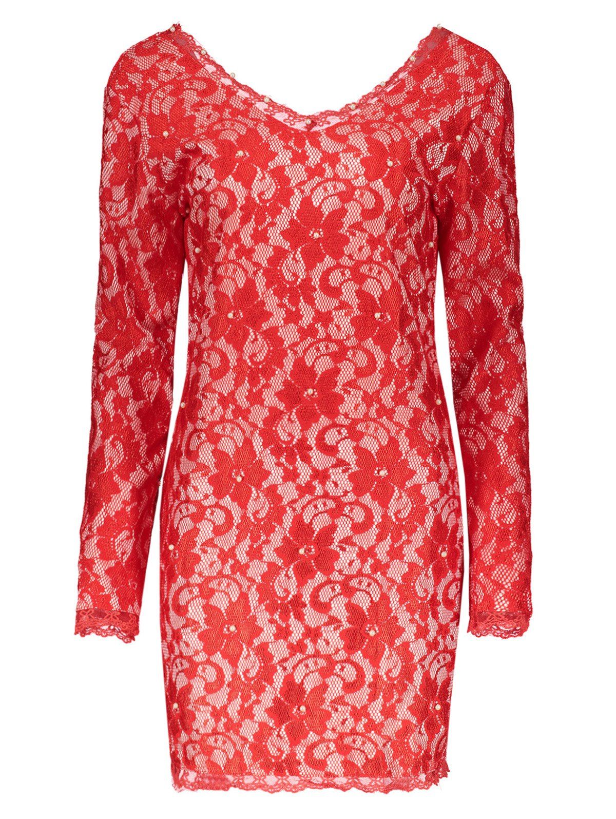 

Lace Plunging Neckline Long Sleeve Backless Dress, Red