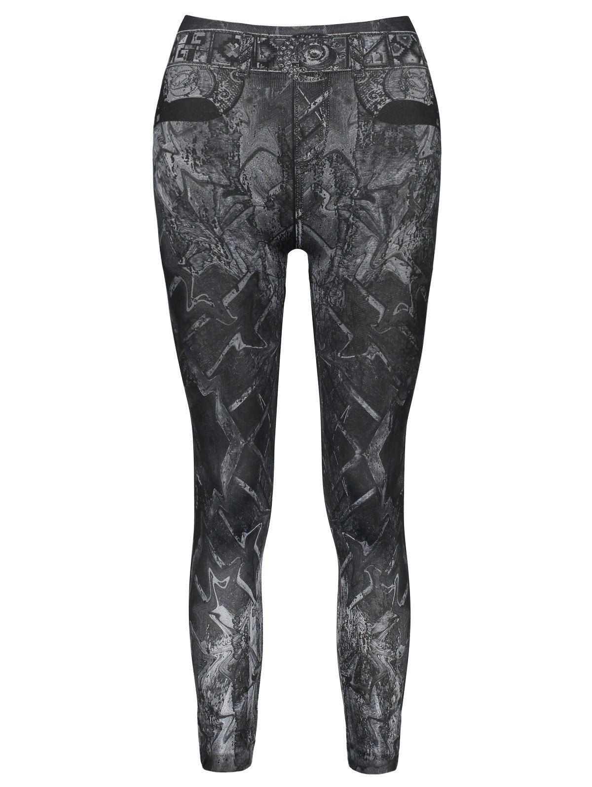 

Casual Slimming Mid-Waisted Tattoo Graffiti Print Women's Jean Leggings, Black