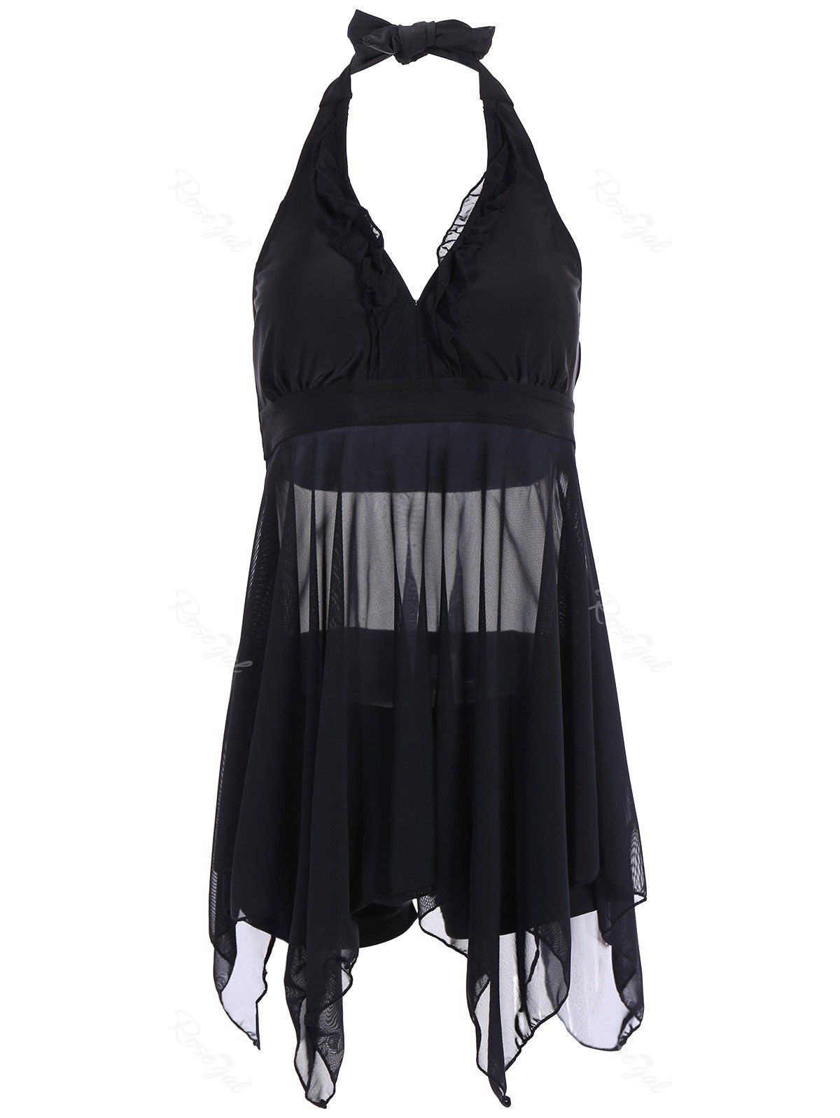 Black 3xl Plus Size Handkerchief Sheer Skirted Halter Tankini Swimsuit 8331