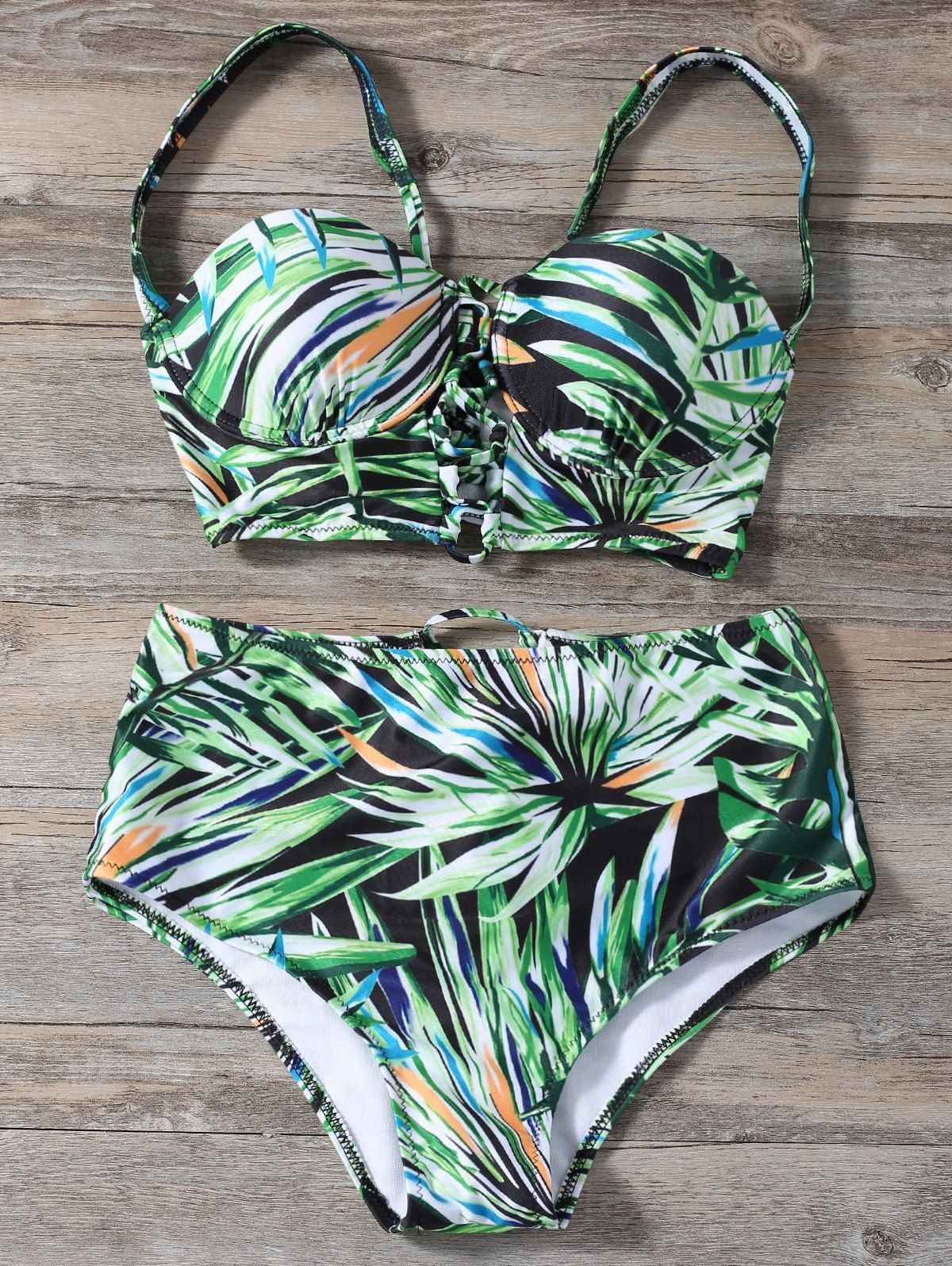 

Lace Up High Waist Printed Bikini Set, Green