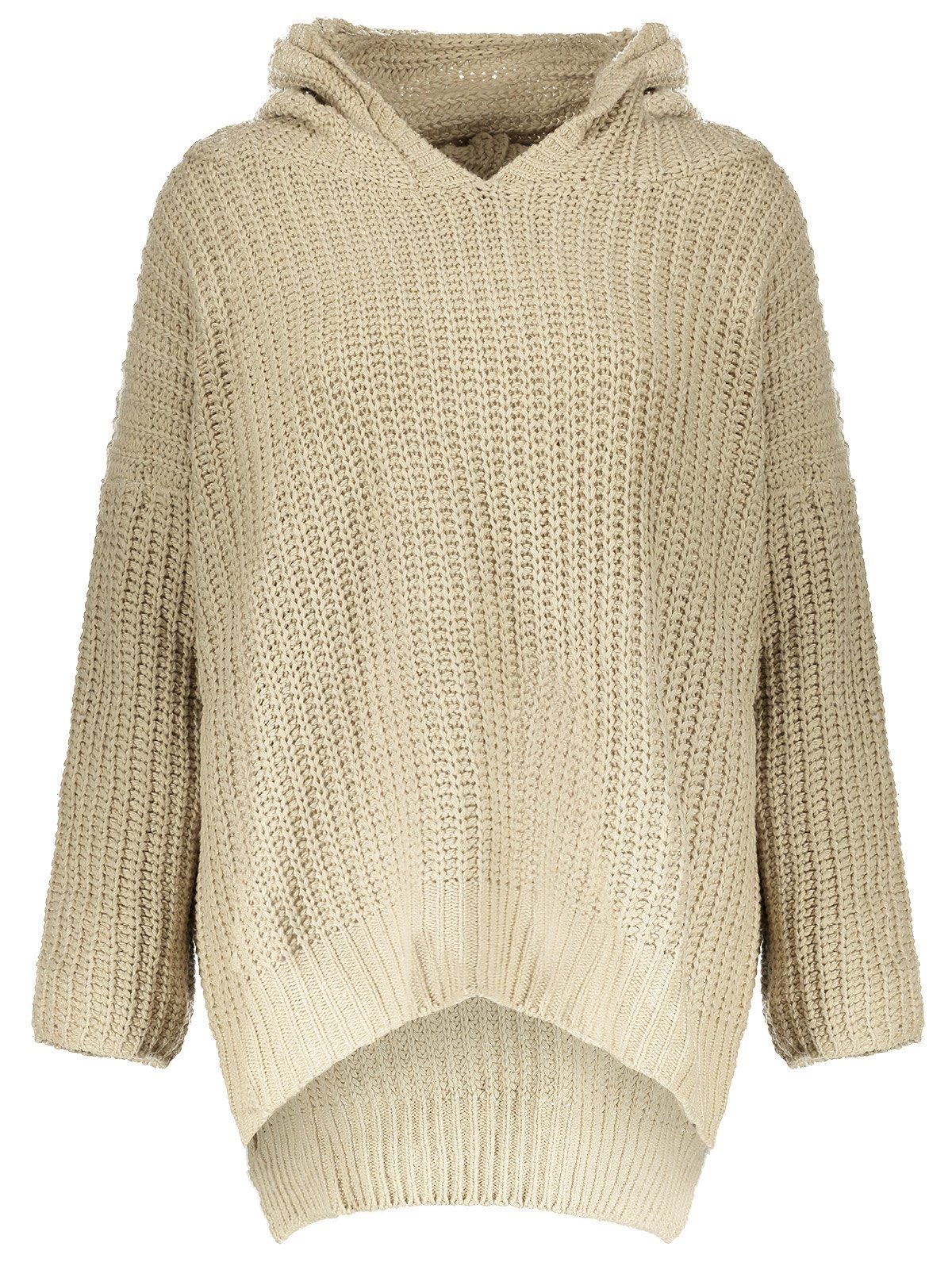 

Casual Hooded Long Sleeve Solid Color High-Low Hem Women's Sweater, Khaki